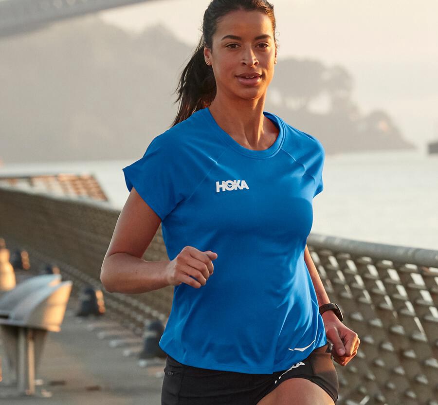 Top Hoka One One Mujer Azules - Performance Short Sleeve - PFGY65148